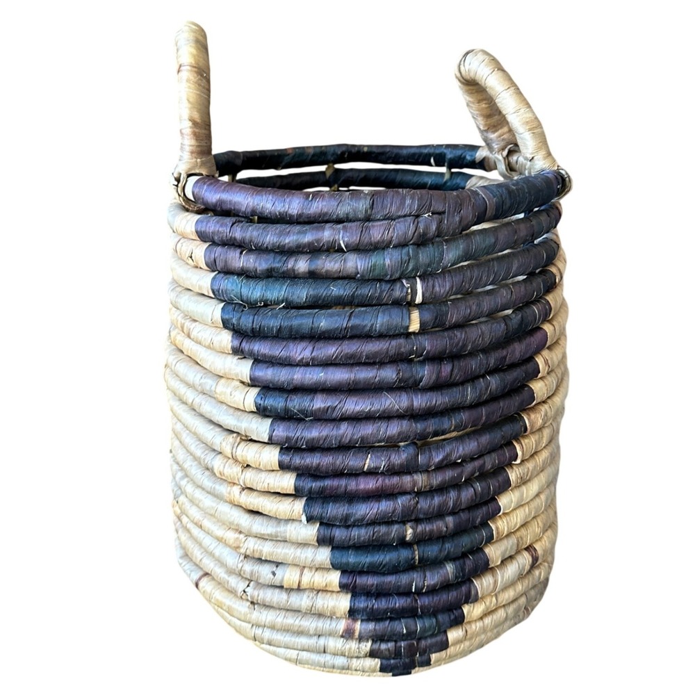 Handwoven Natural Fiber Basket Tall Cylinder Two Tone Blue Tan Boho Decor